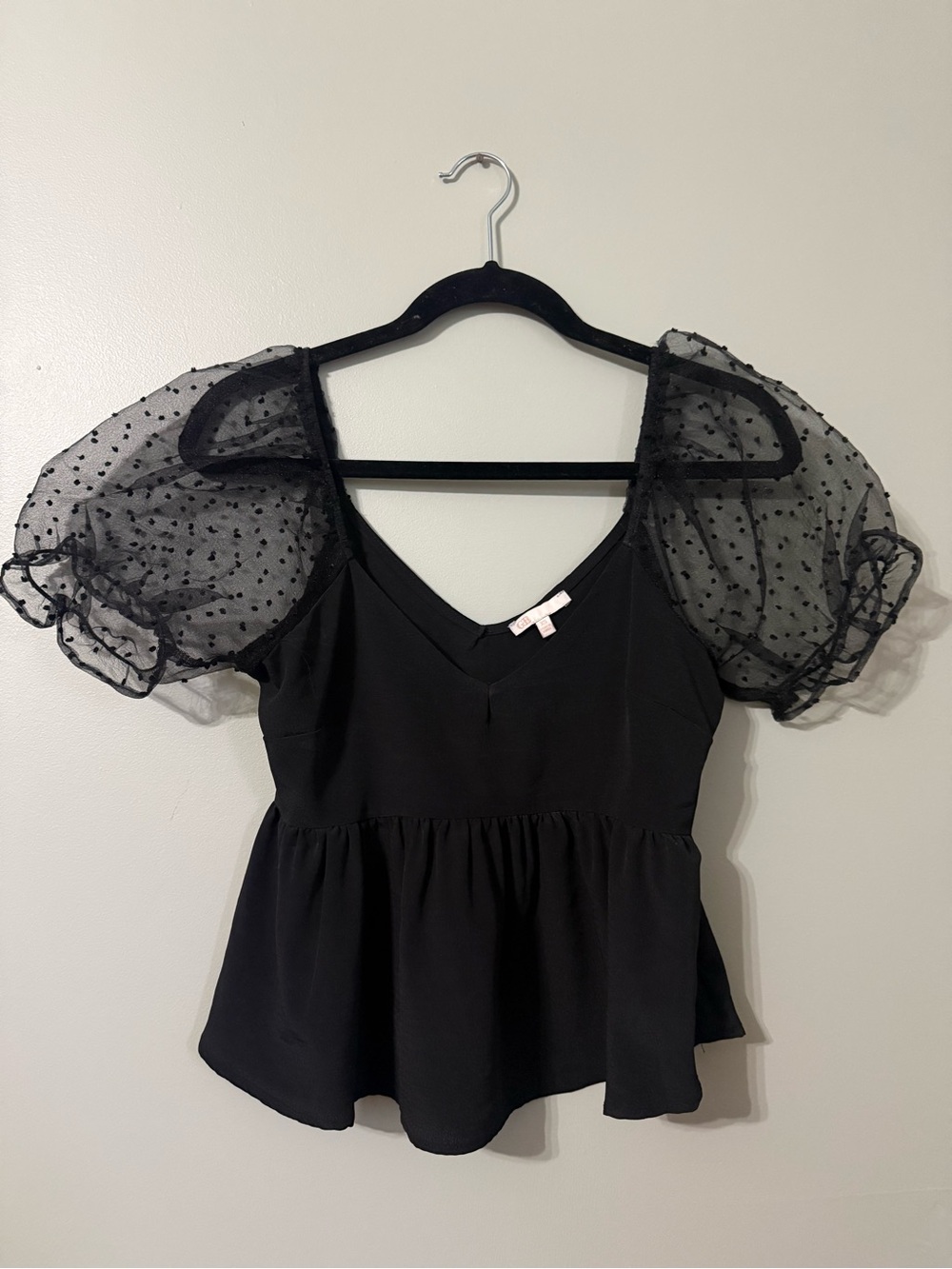 Gianni Bini Black Peplum Top with Sheer Polka-Dot Puff Sleeves XS